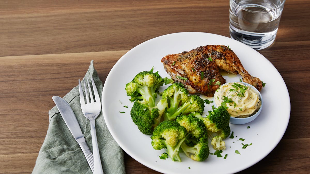 Keto roast chicken with broccoli and garlic butter