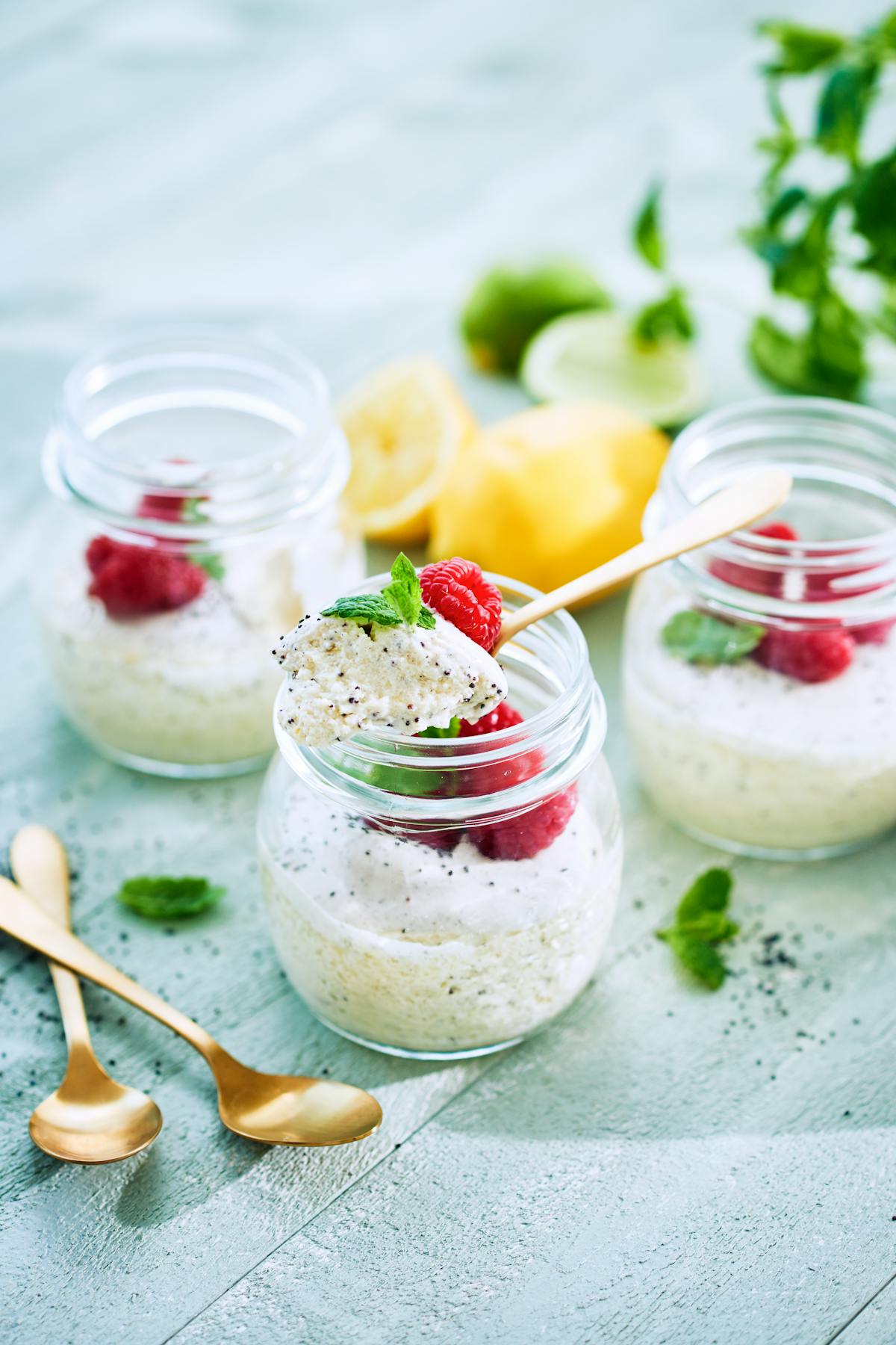 Lemon-lime poppy seed cheesecakes
